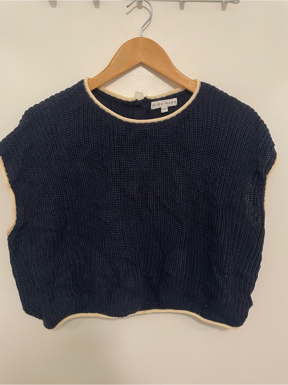 Miou Muse Navy Knit Cropped Shell with Cream Trim